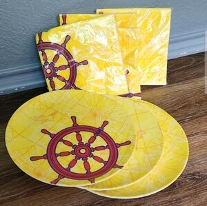 NWT 4 Plates & 4 Packs of Napkins Yellow Red Ships Wheel Nautical